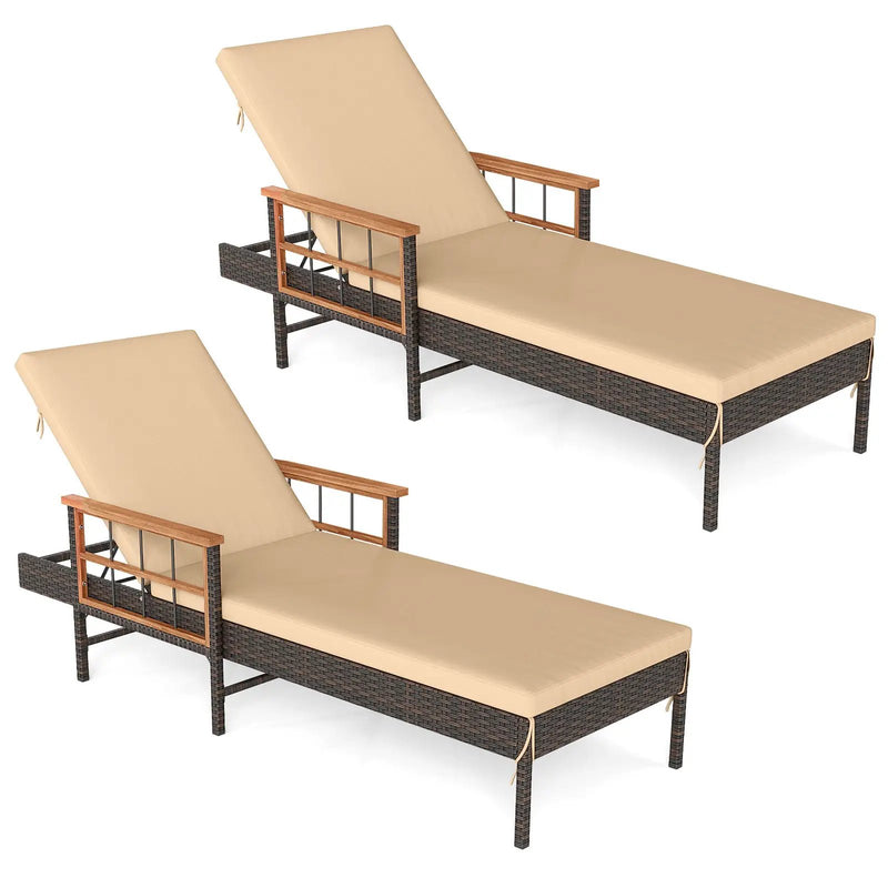 Patio Rattan Chaise Lounge with 4-Level Adjustable Backrest-Beige by DirectDeals