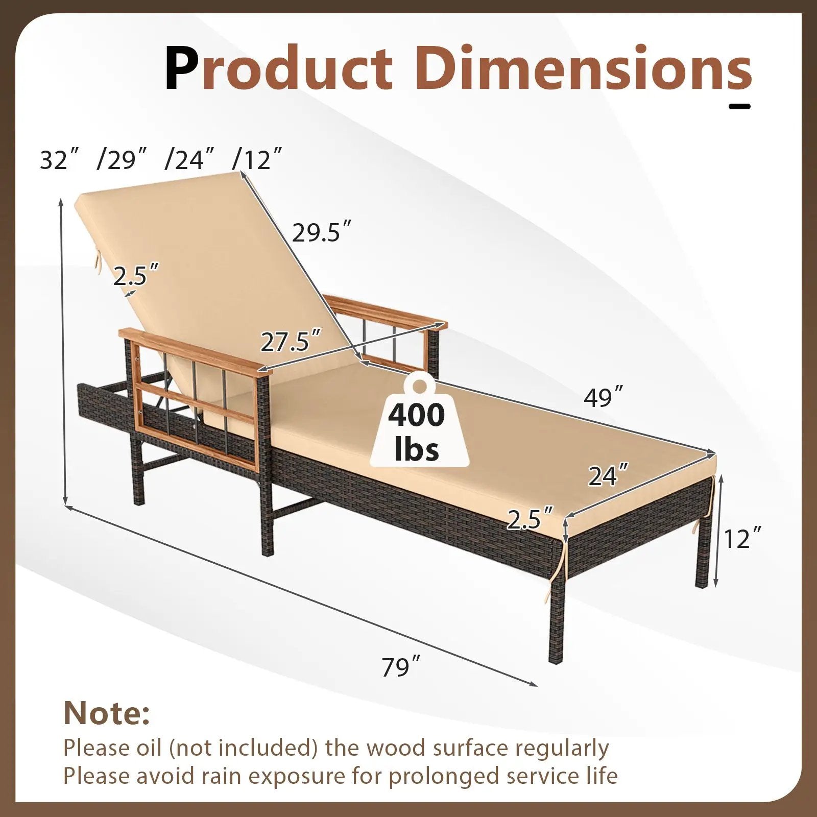 Patio Rattan Chaise Lounge with 4-Level Adjustable Backrest-Beige by DirectDeals
