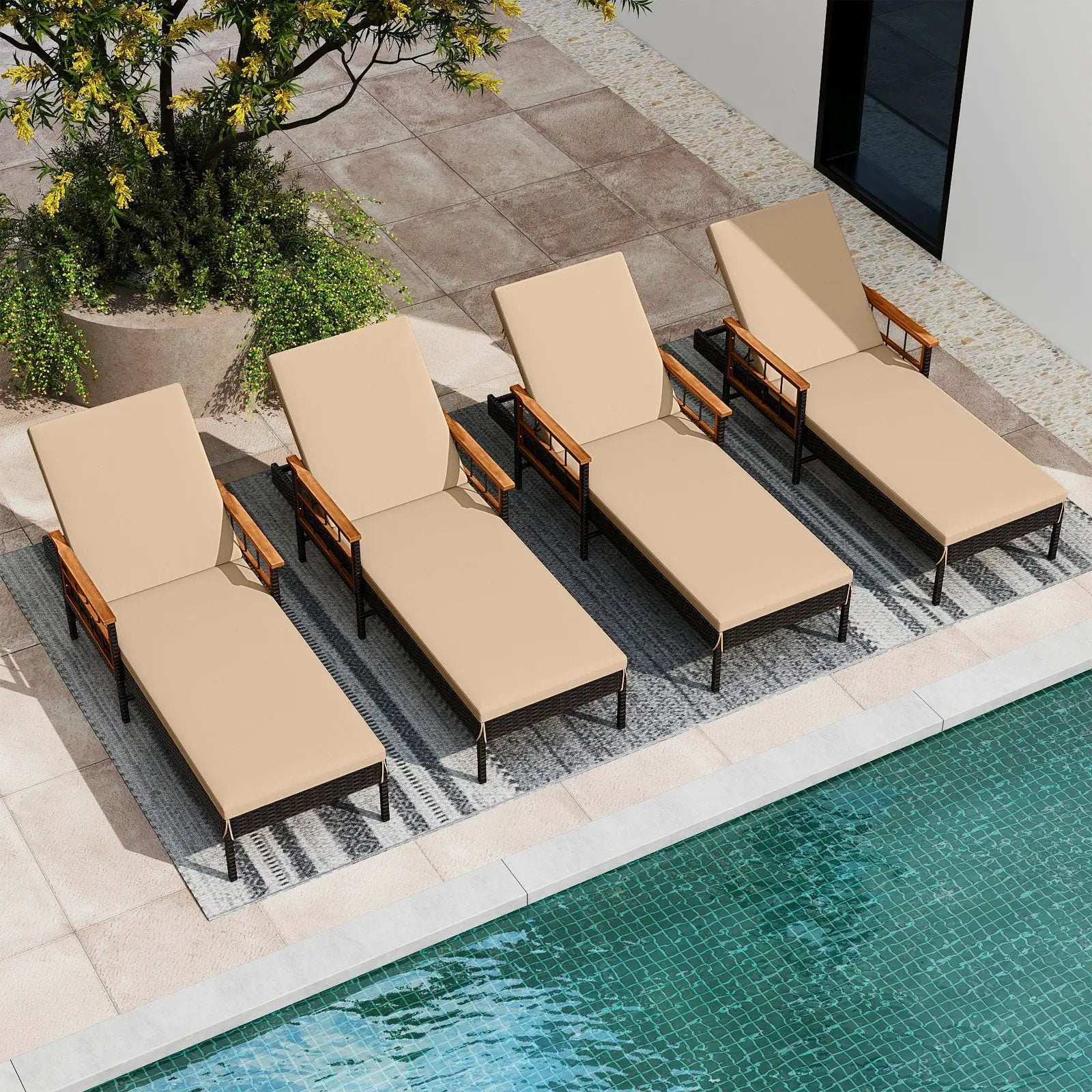 Patio Rattan Chaise Lounge with 4-Level Adjustable Backrest-Beige by DirectDeals