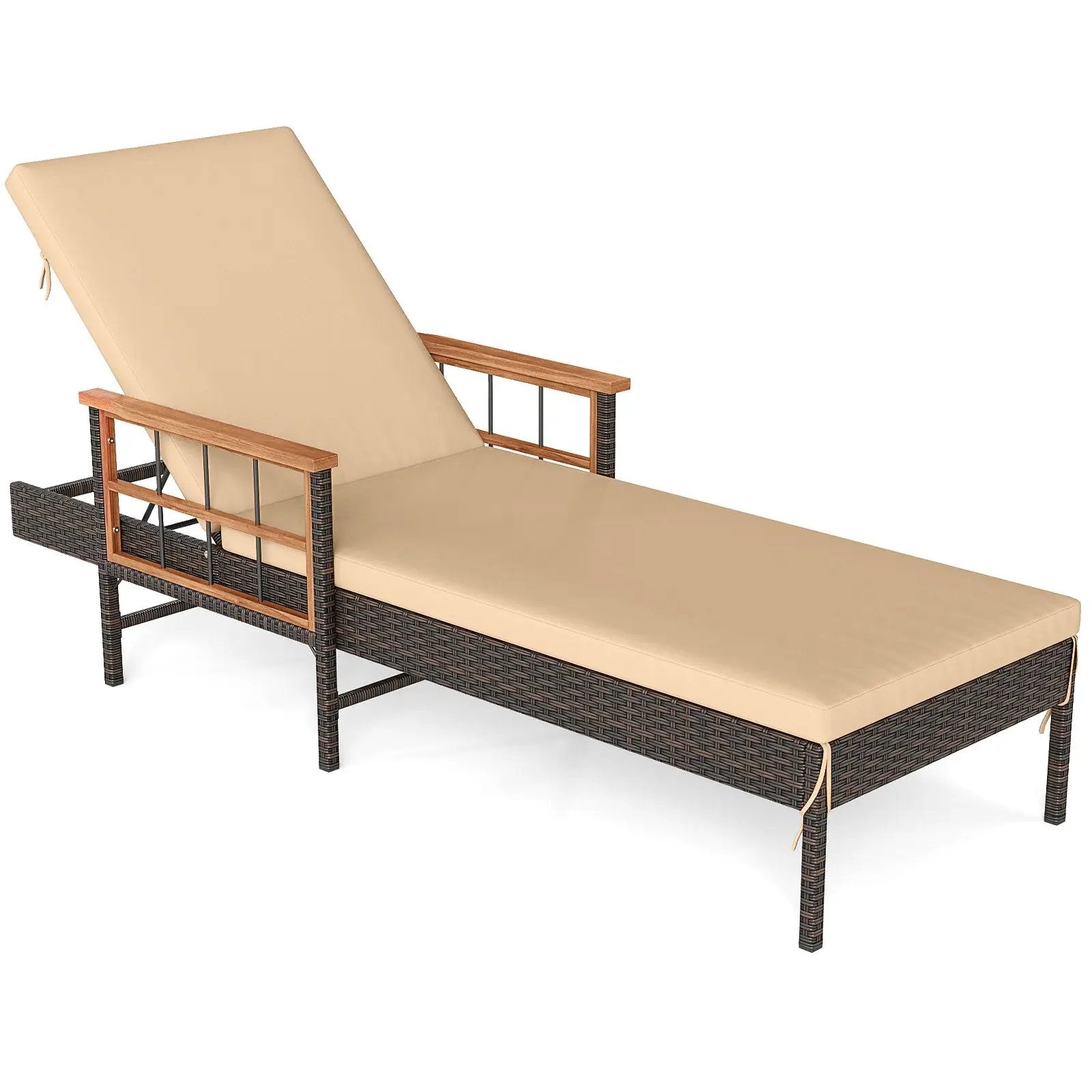 Patio Rattan Chaise Lounge with 4-Level Adjustable Backrest-Beige by DirectDeals