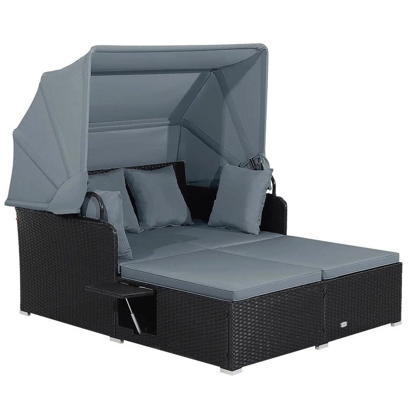 Patio Rattan Daybed with Retractable Canopy and Side Tables by DirectDeals