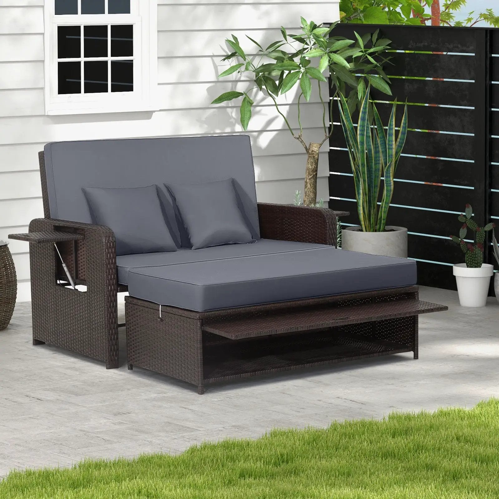 Outdoor Rattan Daybed with Adjustable Backrest & Ottoman by DirectDeals