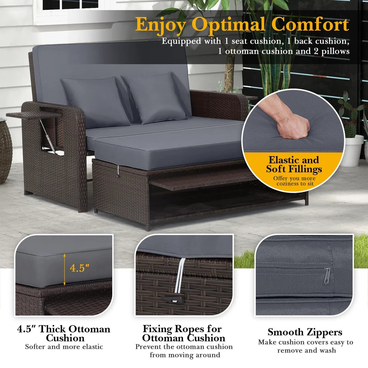 Outdoor Rattan Daybed with Adjustable Backrest & Ottoman by DirectDeals