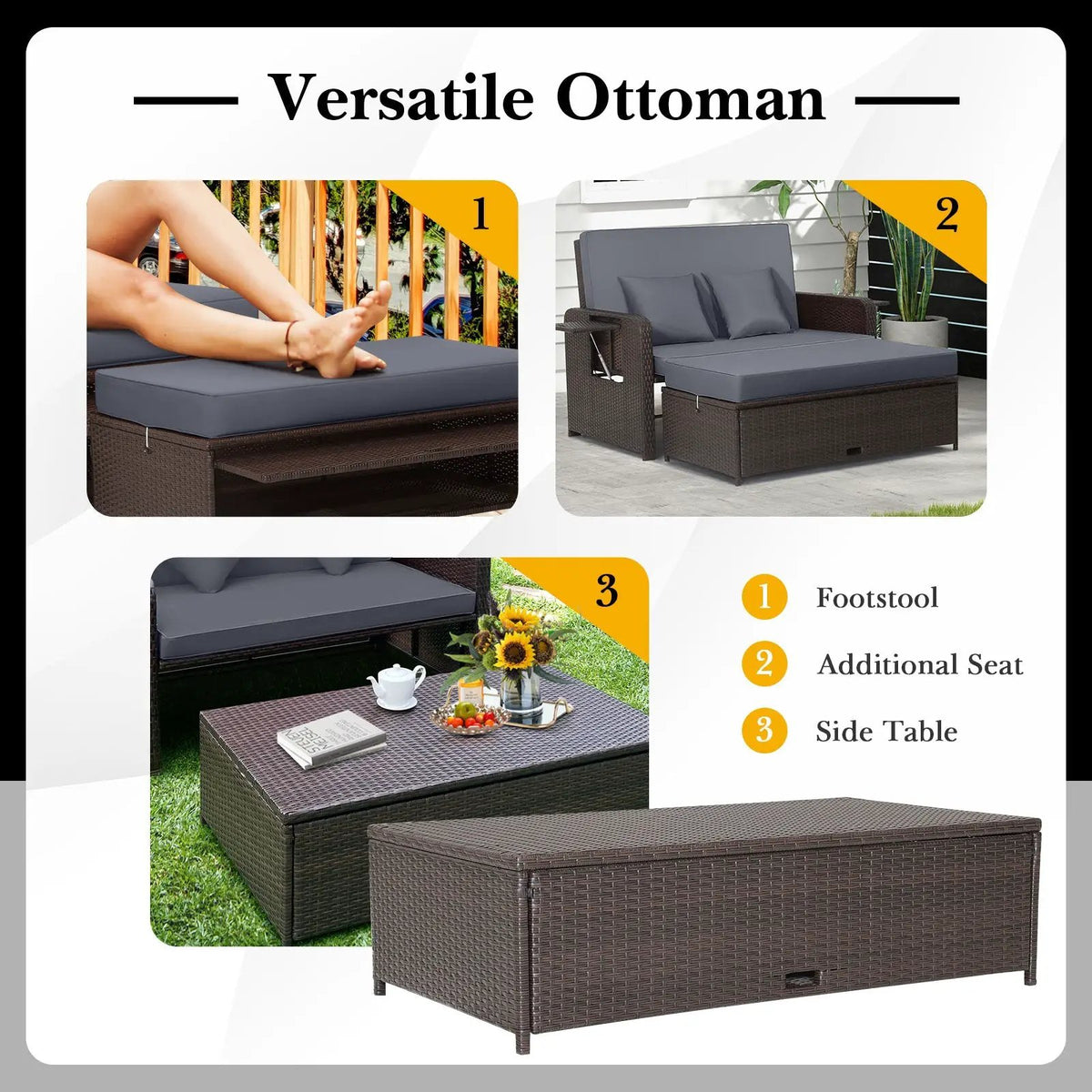 Outdoor Rattan Daybed with Adjustable Backrest & Ottoman by DirectDeals