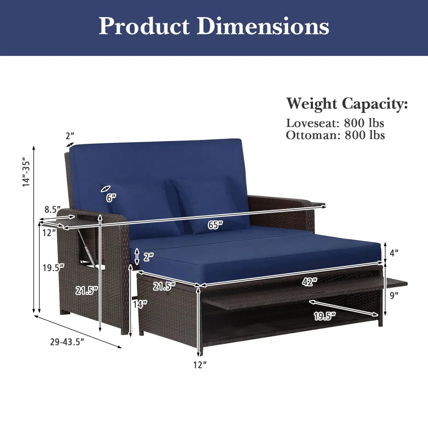 Outdoor Rattan Daybed with 4-Position Adjustable Backrest by DirectDeals