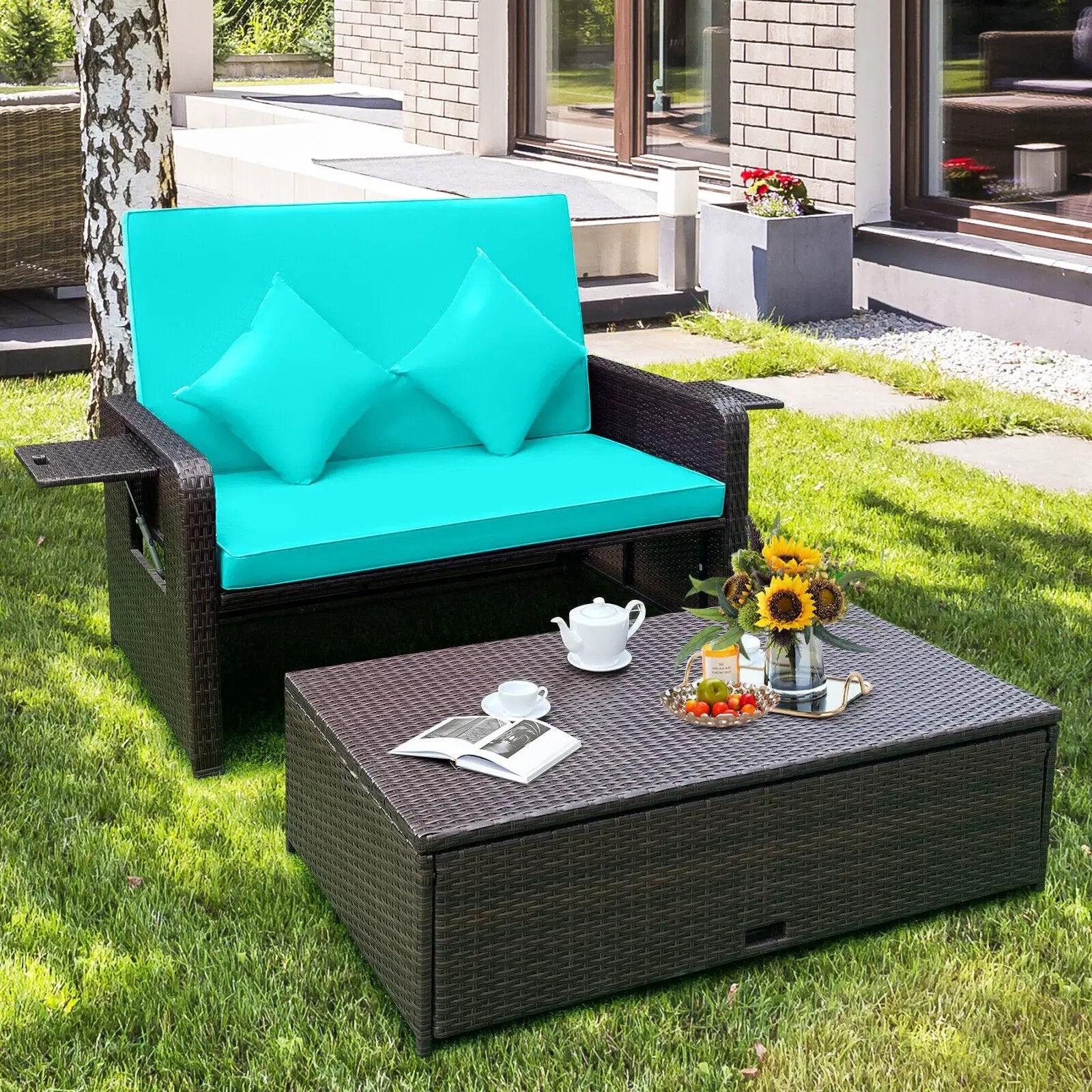 Outdoor Rattan Daybed with 4-Position Adjustable Backrest by DirectDeals