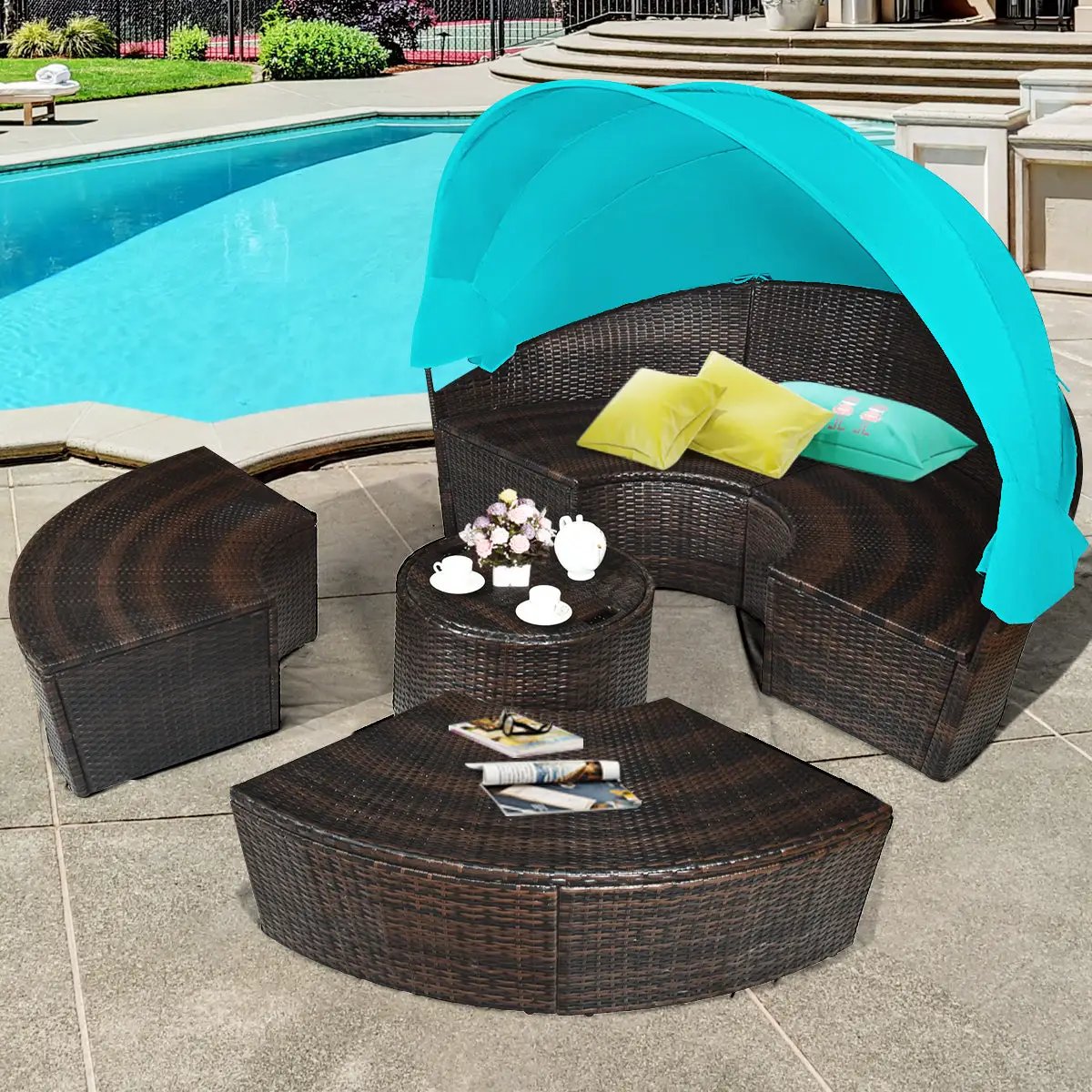 Patio Round Daybed Rattan Furniture Sets with Canopy by DirectDeals