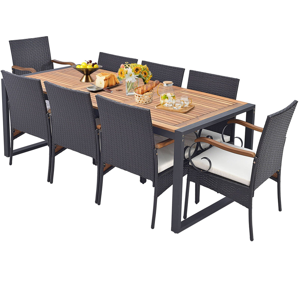 9 Pieces Patio Rattan Dining Set with Acacia Wood Table for Backyard Garden, photo 11 of 11