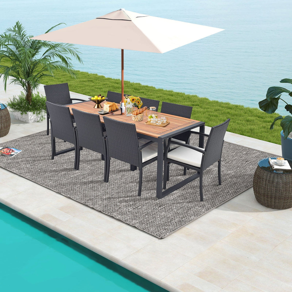 9 Pieces Patio Rattan Dining Set with Acacia Wood Table for Backyard Garden, photo 2 of 11