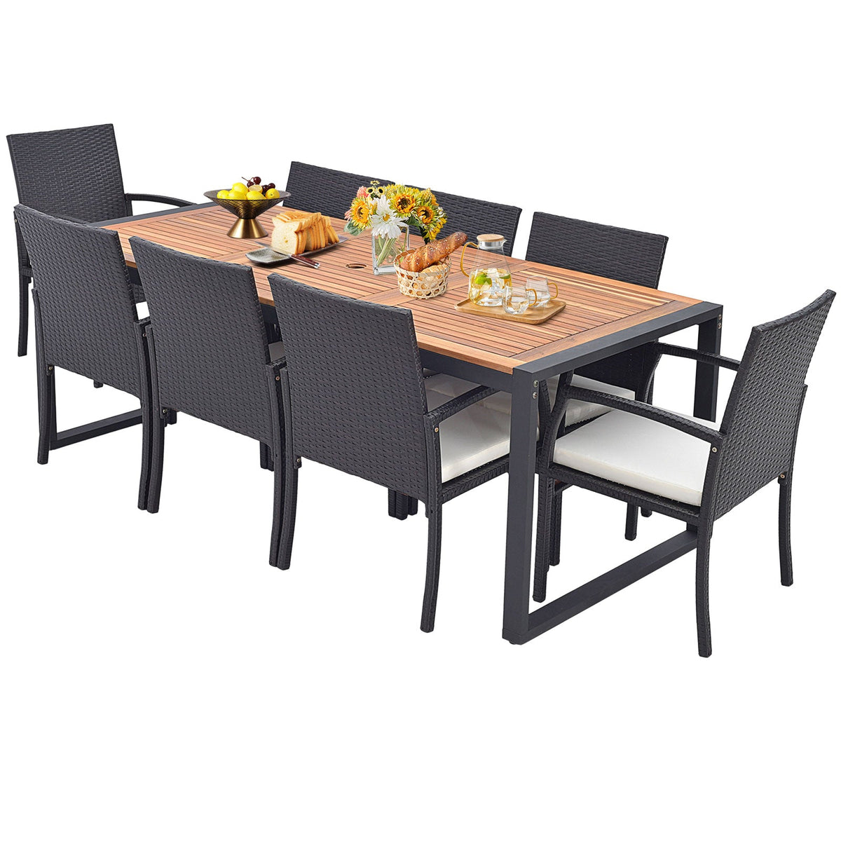 9 Pieces Patio Rattan Dining Set with Acacia Wood Table for Backyard Garden, photo 3 of 11