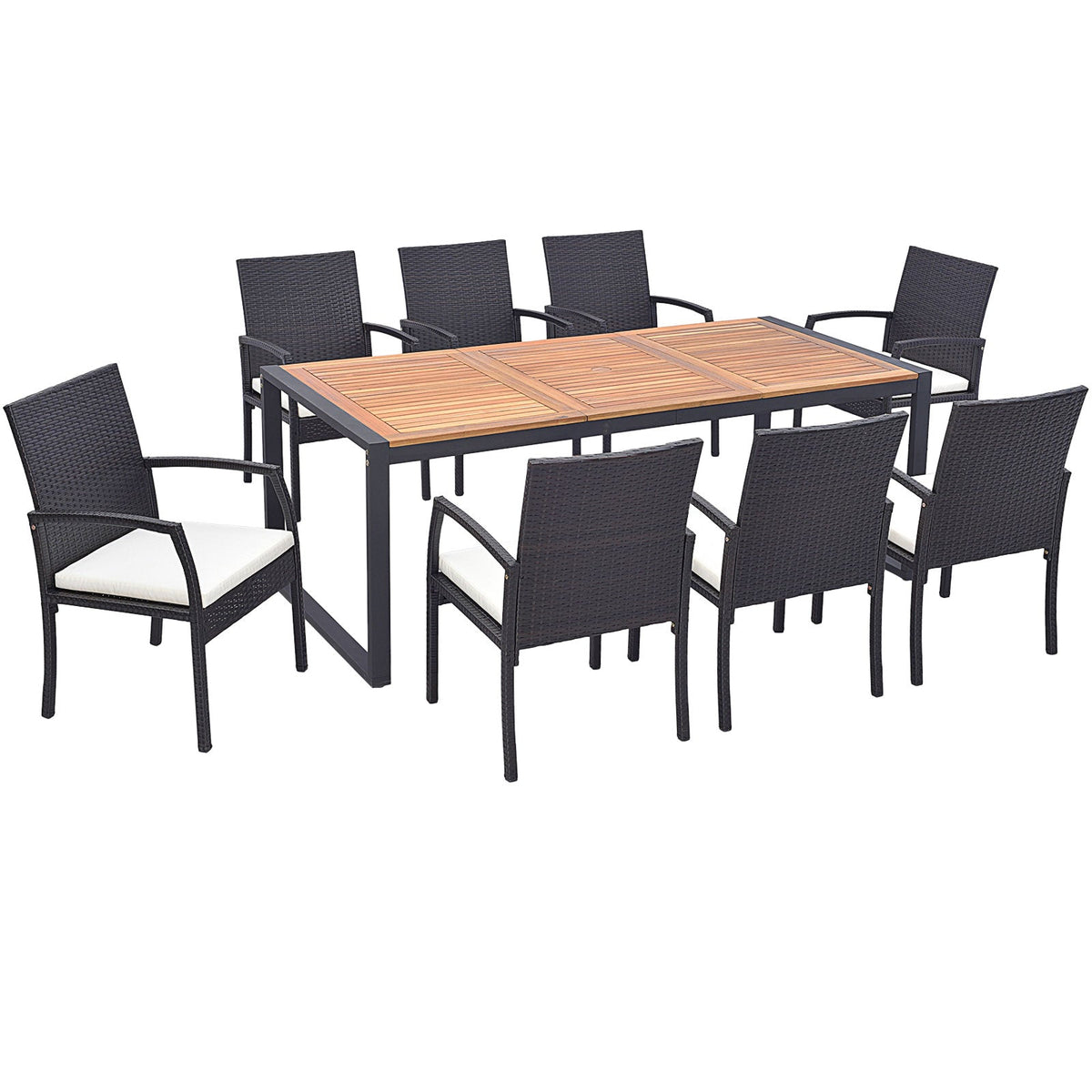 9 Pieces Patio Rattan Dining Set with Acacia Wood Table for Backyard Garden, photo 4 of 11