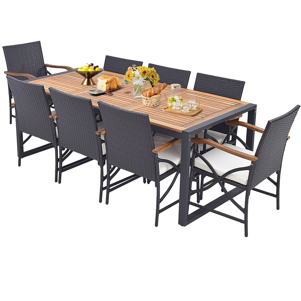 9 Pieces Patio Rattan Dining Set with Acacia Wood Table for Backyard Garden, photo 10 of 11