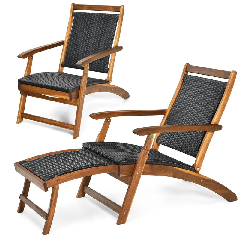 Patio Rattan Folding Lounge Chair with Acacia Wooden Frame Retractable Footrest Set of 2 by DirectDeals