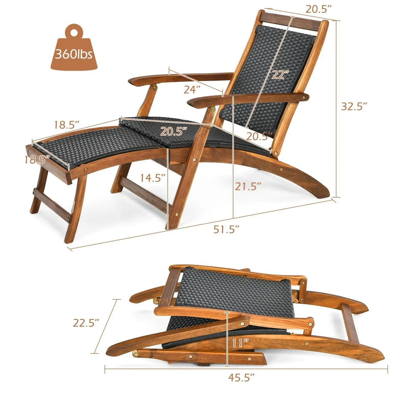 Patio Rattan Folding Lounge Chair with Acacia Wooden Frame Retractable Footrest Set of 2 by DirectDeals