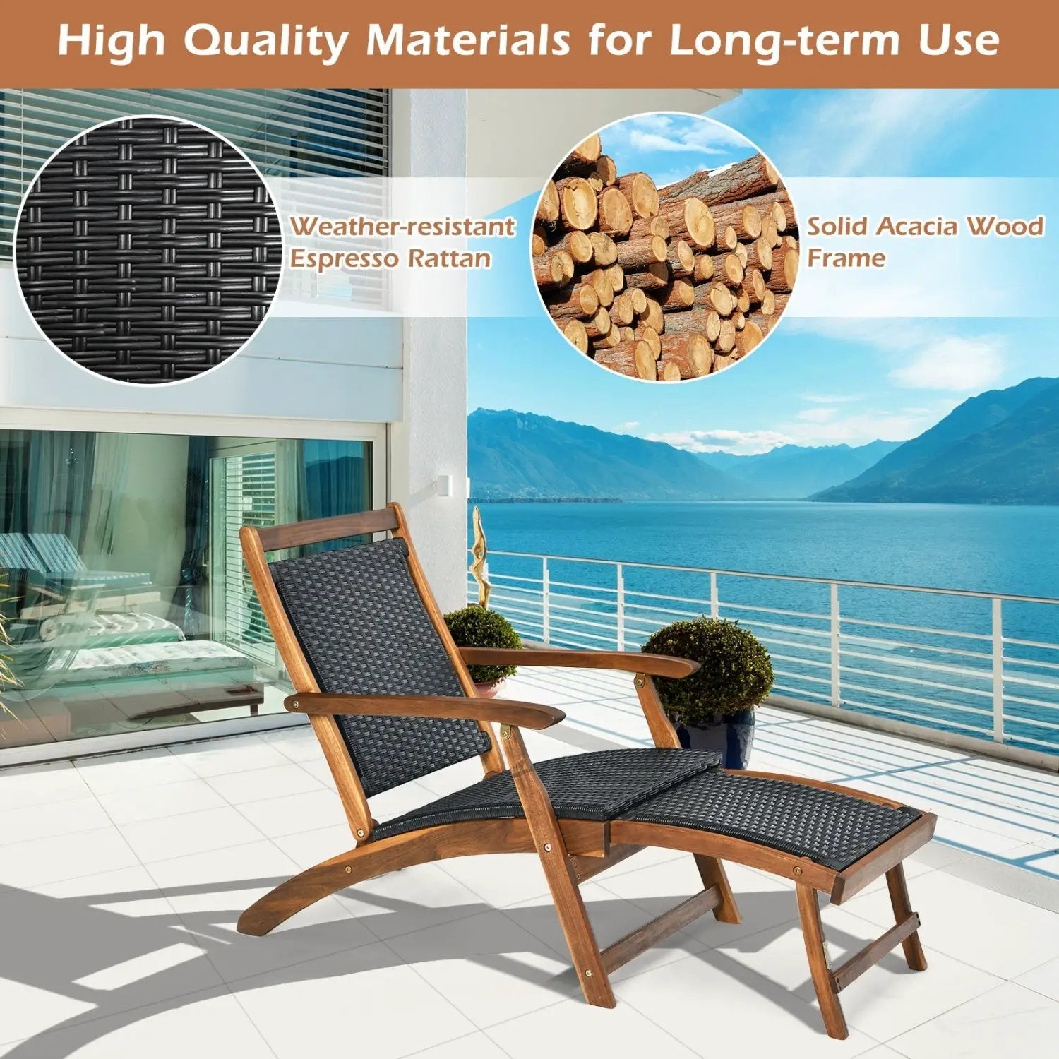 Patio Rattan Folding Lounge Chair with Acacia Wooden Frame Retractable Footrest Set of 2 by DirectDeals