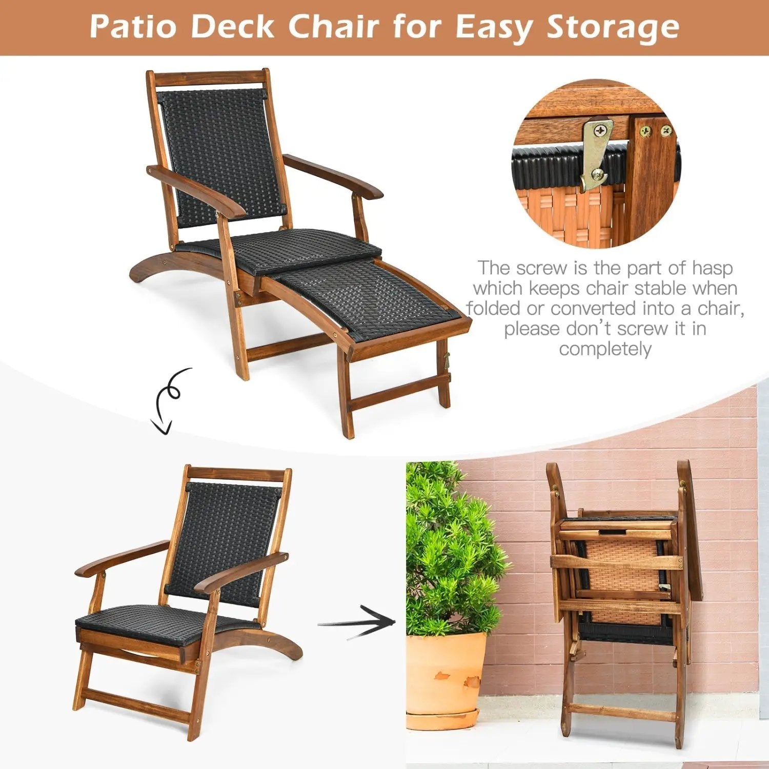 Patio Rattan Folding Lounge Chair with Acacia Wooden Frame Retractable Footrest Set of 2 by DirectDeals