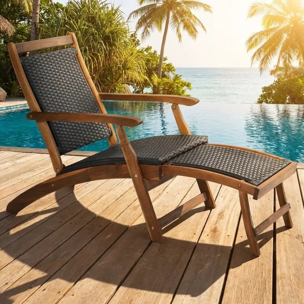 Patio Rattan Folding Lounge Chair with Acacia Wooden Frame Retractable Footrest Set of 2 by DirectDeals