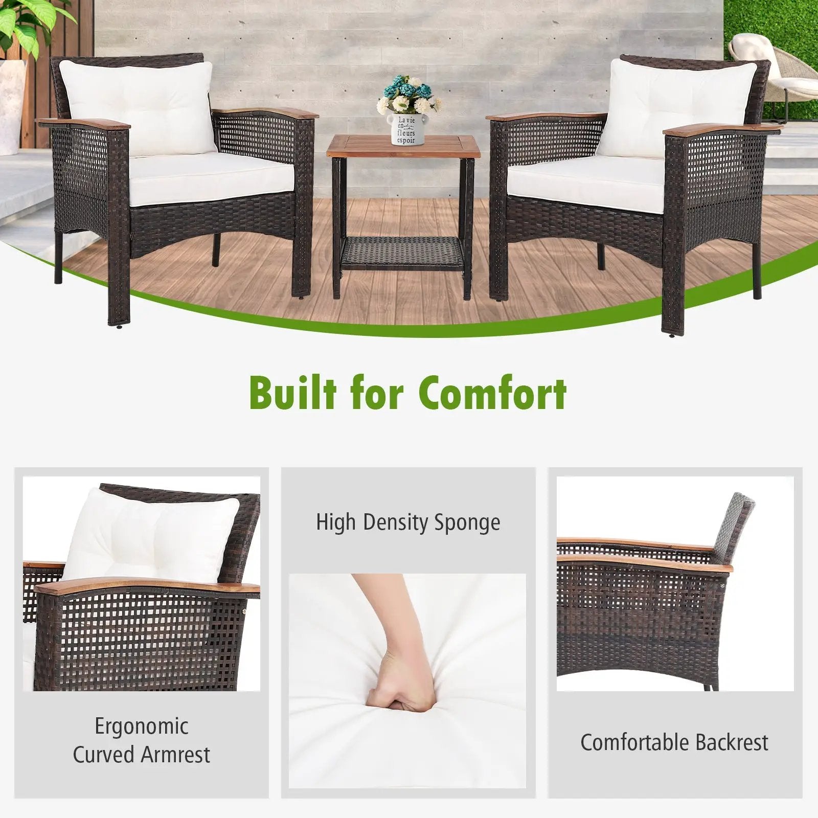 3 Pieces Patio Rattan Furniture Set with Acacia Wood Tabletop by DirectDeals