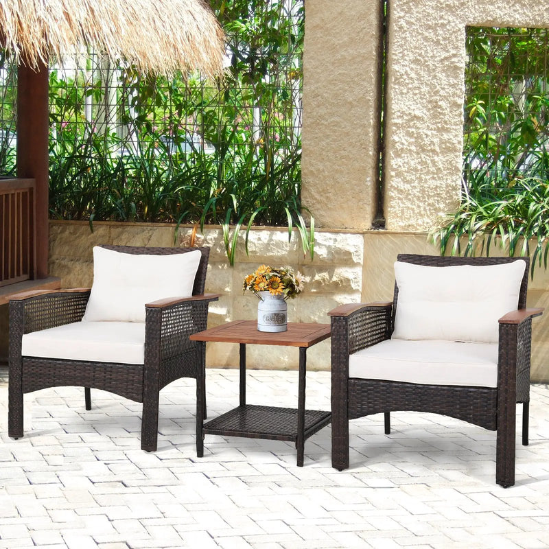 3 Pieces Patio Rattan Furniture Set with Acacia Wood Tabletop by DirectDeals