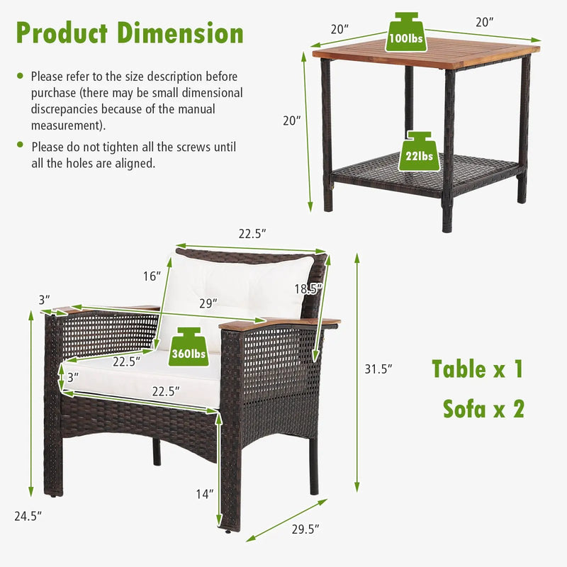 3 Pieces Patio Rattan Furniture Set with Acacia Wood Tabletop by DirectDeals