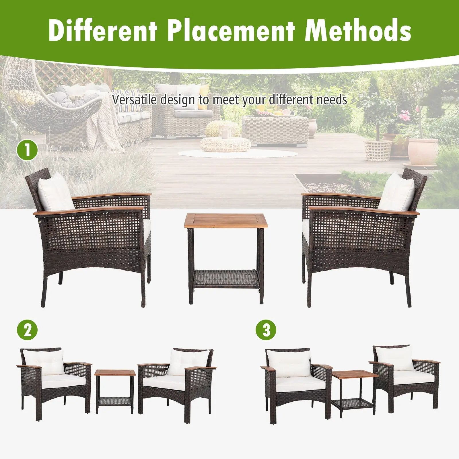 3 Pieces Patio Rattan Furniture Set with Acacia Wood Tabletop by DirectDeals