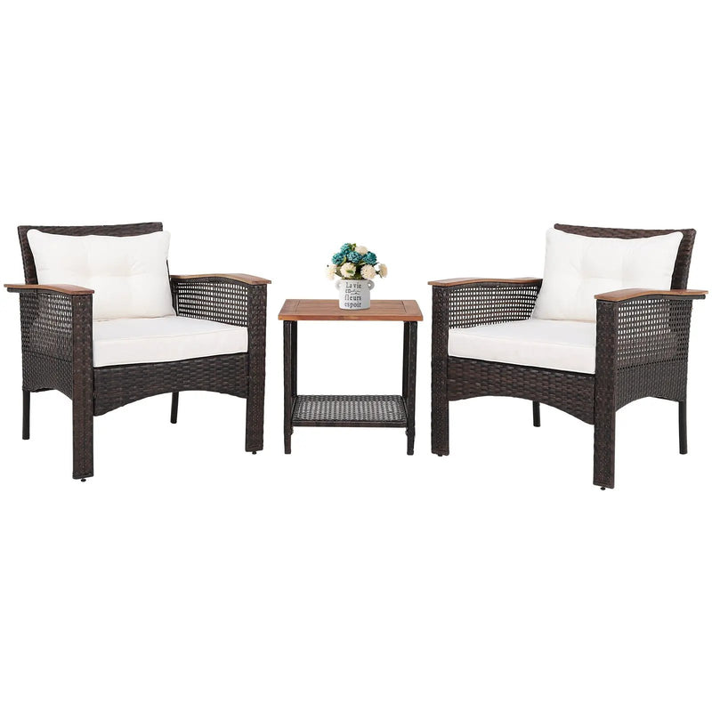 3 Pieces Patio Rattan Furniture Set with Acacia Wood Tabletop by DirectDeals