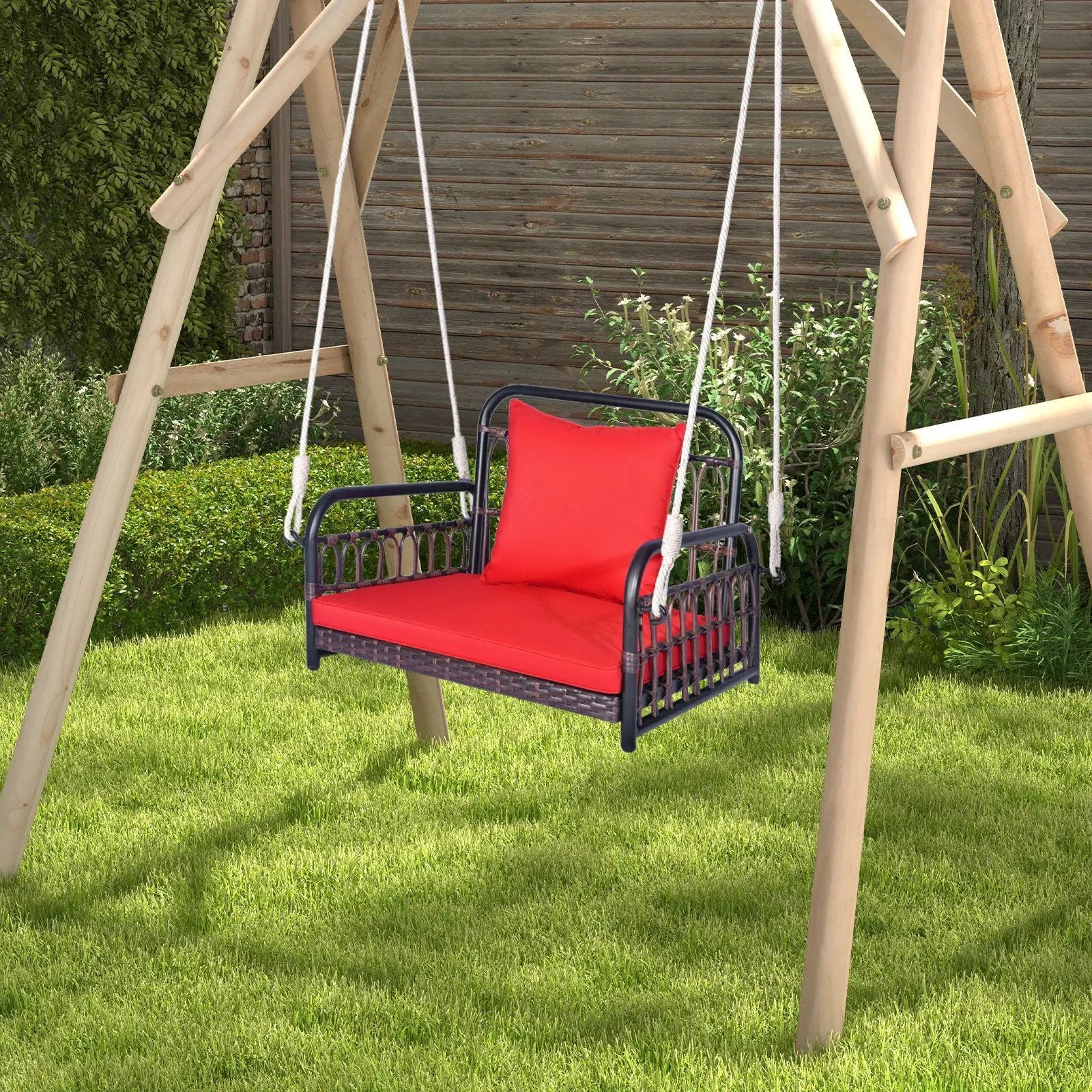 Patio Rattan Porch Swing Hammock Chair with Seat Cushion-Red by DirectDeals