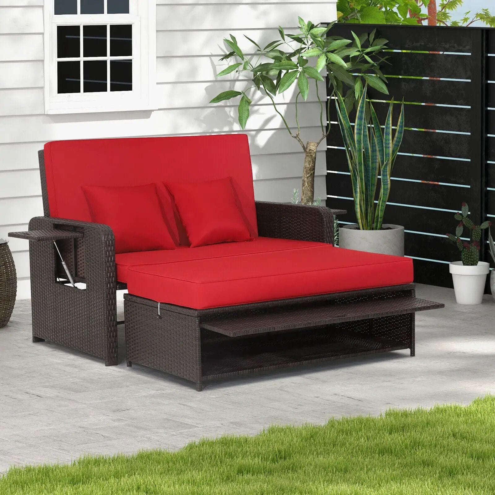 Patio Rattan Daybed with 4-Level Adjustable Backrest by DirectDeals