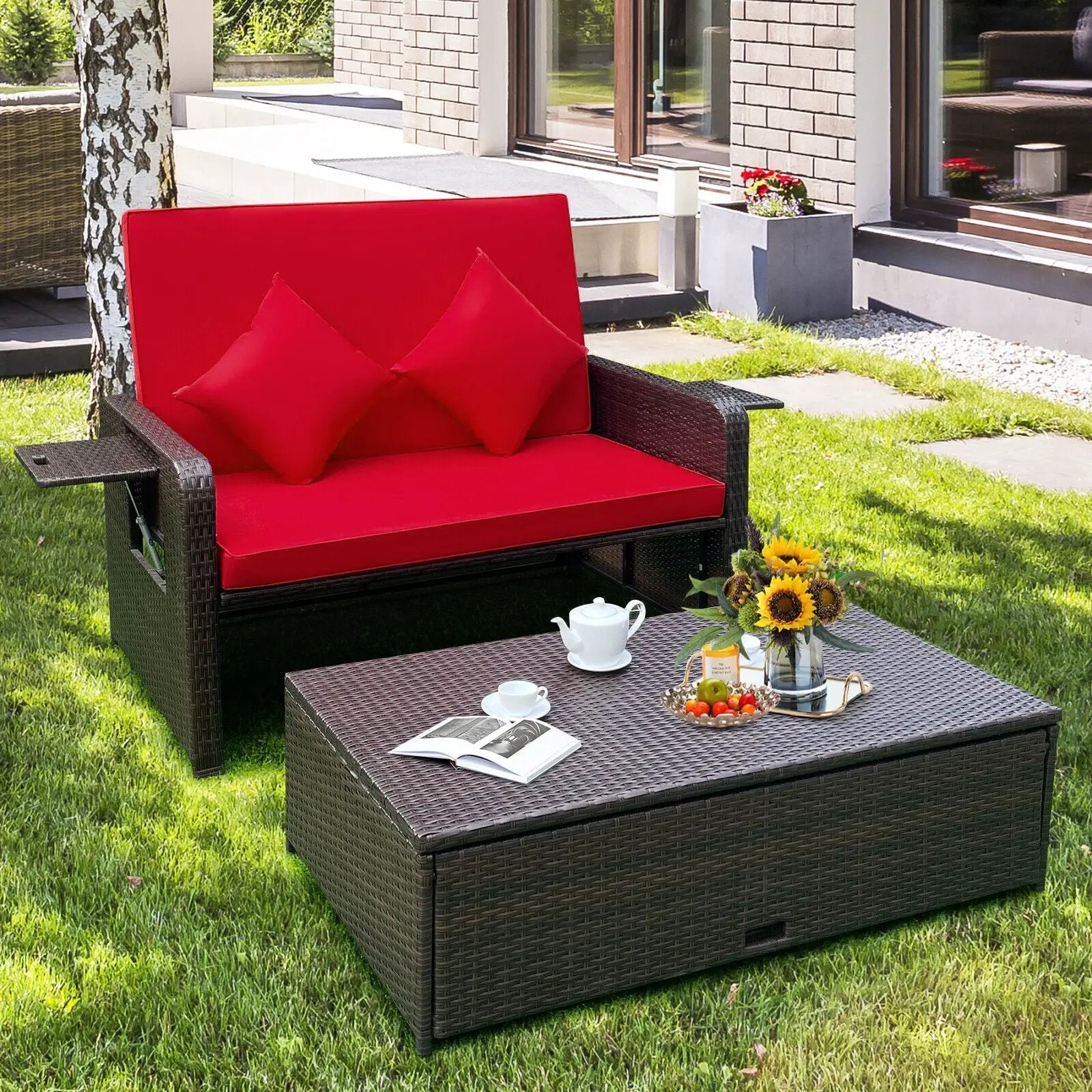 Patio Rattan Daybed with 4-Level Adjustable Backrest by DirectDeals