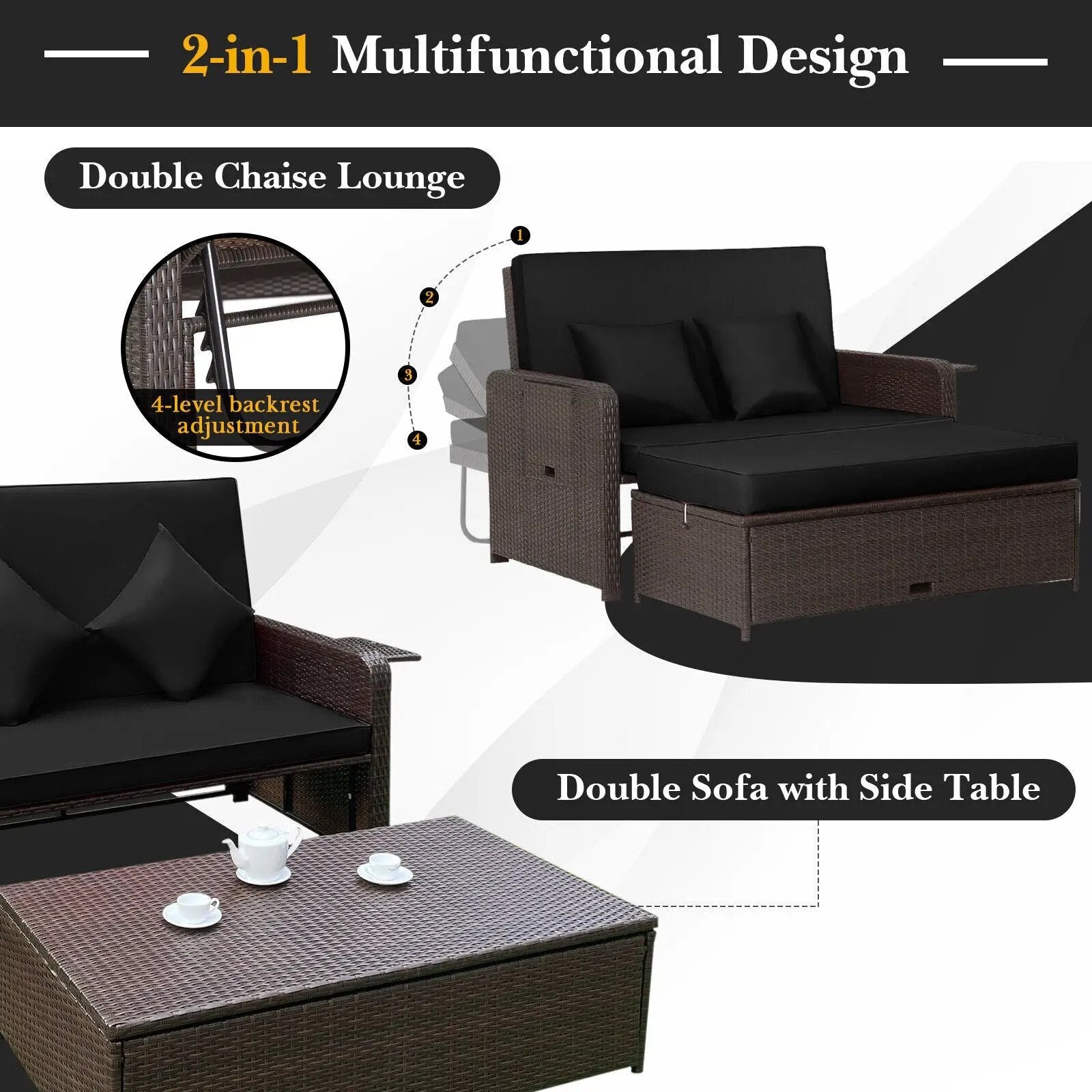 Outdoor Rattan Daybed with 4-Position Adjustable Backrest by DirectDeals