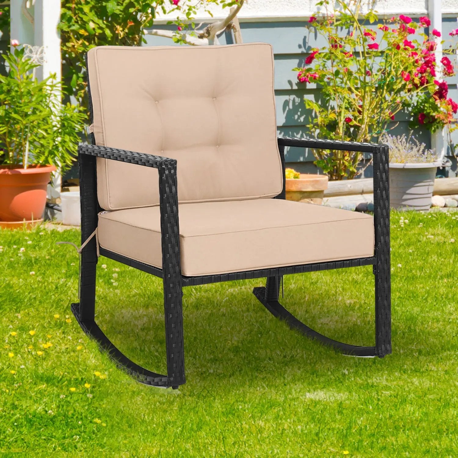 Rattan Rocking Chair with Cushion for Patio & Garden by DirectDeals