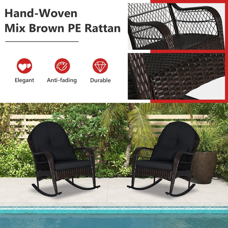 Patio Rattan Rocking Chair with Seat Back Cushions and Waist Pillow by DirectDeals