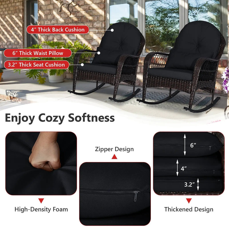 Patio Rattan Rocking Chair with Seat Back Cushions and Waist Pillow by DirectDeals