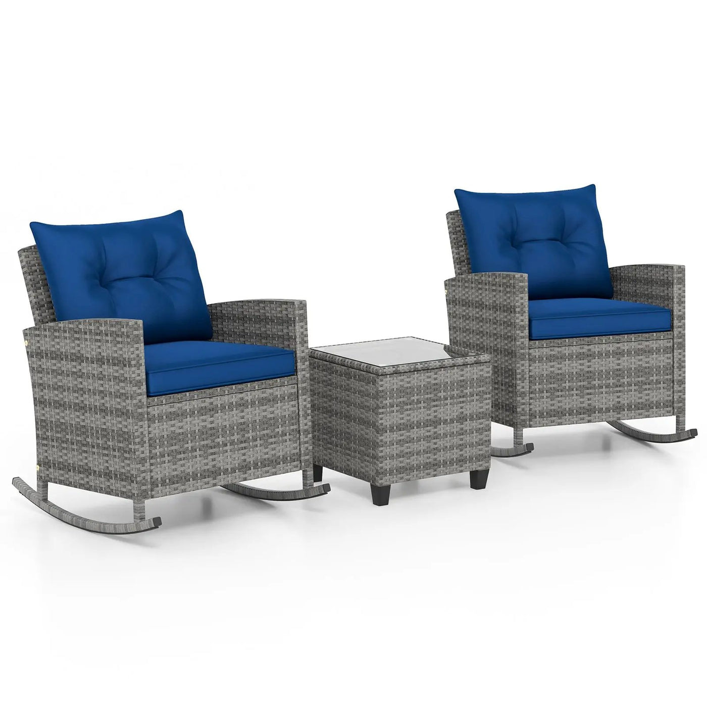 Patio Rattan Roker Chairs with Tempered Glass Table and Soft Cushions for Backyard Poolside Porch by DirectDeals