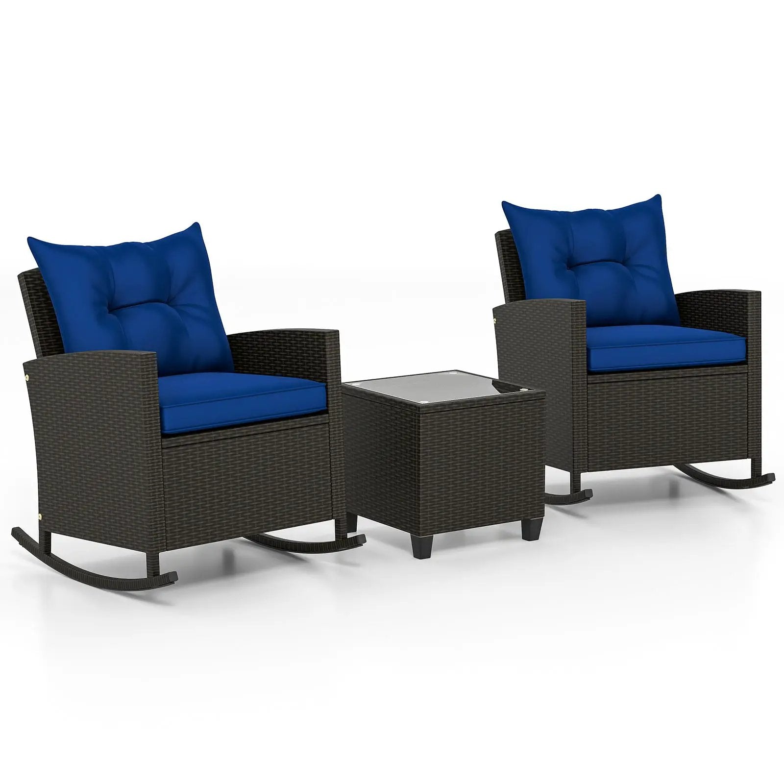 Patio Rattan Roker Chairs with Tempered Glass Table and Soft Cushions for Backyard Poolside Porch by DirectDeals