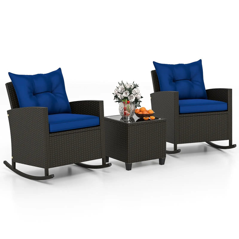 Patio Rattan Roker Chairs with Tempered Glass Table and Soft Cushions for Backyard Poolside Porch by DirectDeals