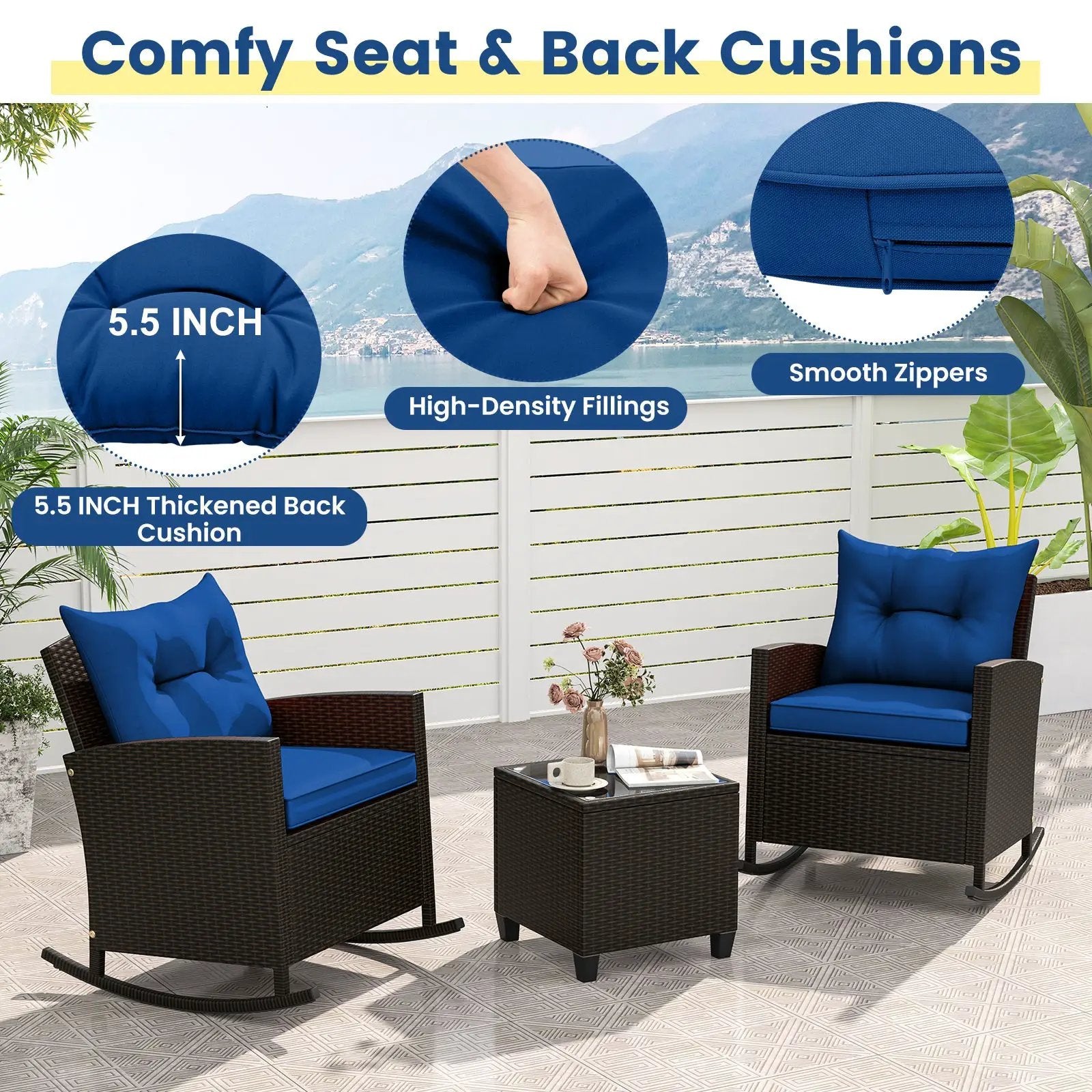 Patio Rattan Roker Chairs with Tempered Glass Table and Soft Cushions for Backyard Poolside Porch by DirectDeals