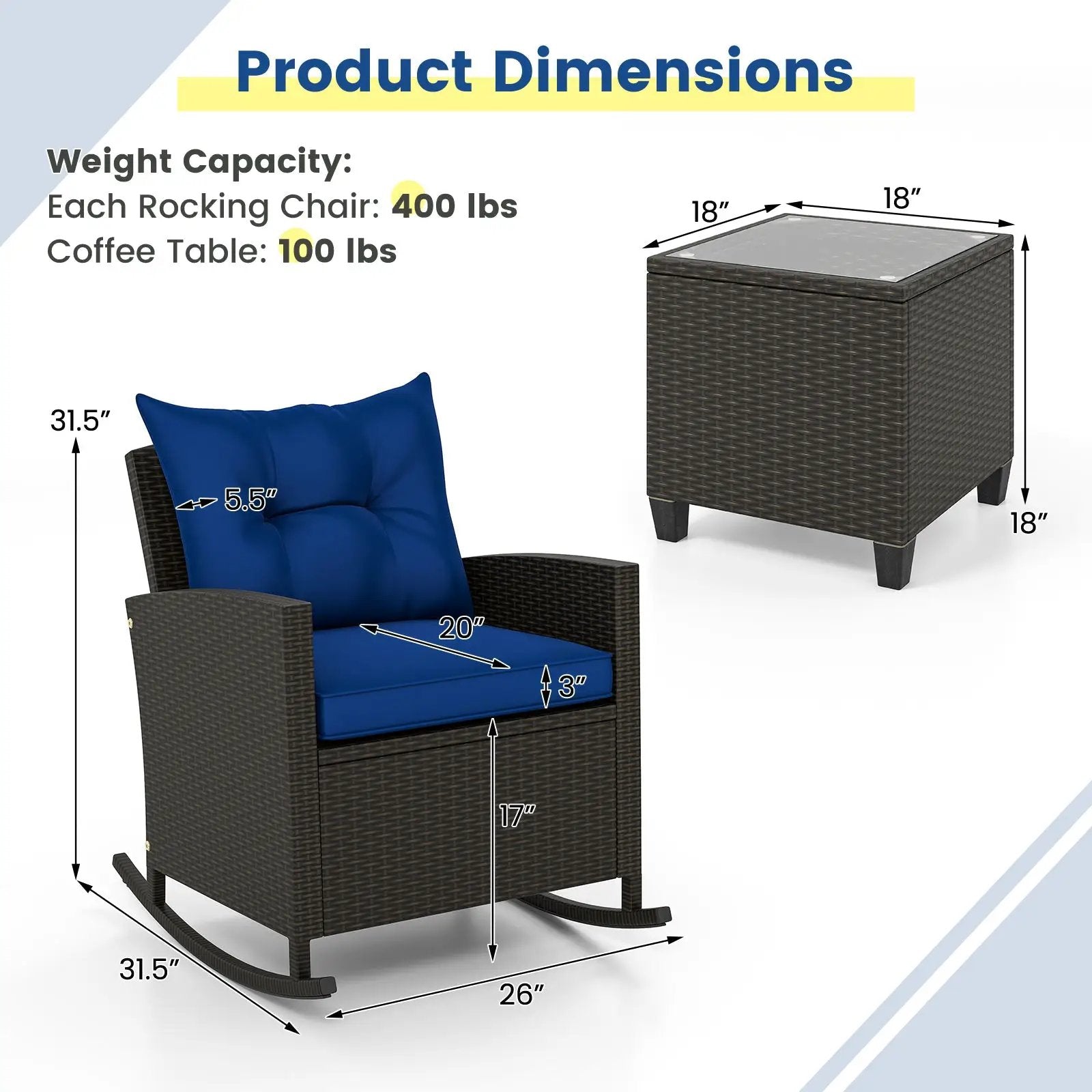 Patio Rattan Roker Chairs with Tempered Glass Table and Soft Cushions for Backyard Poolside Porch by DirectDeals