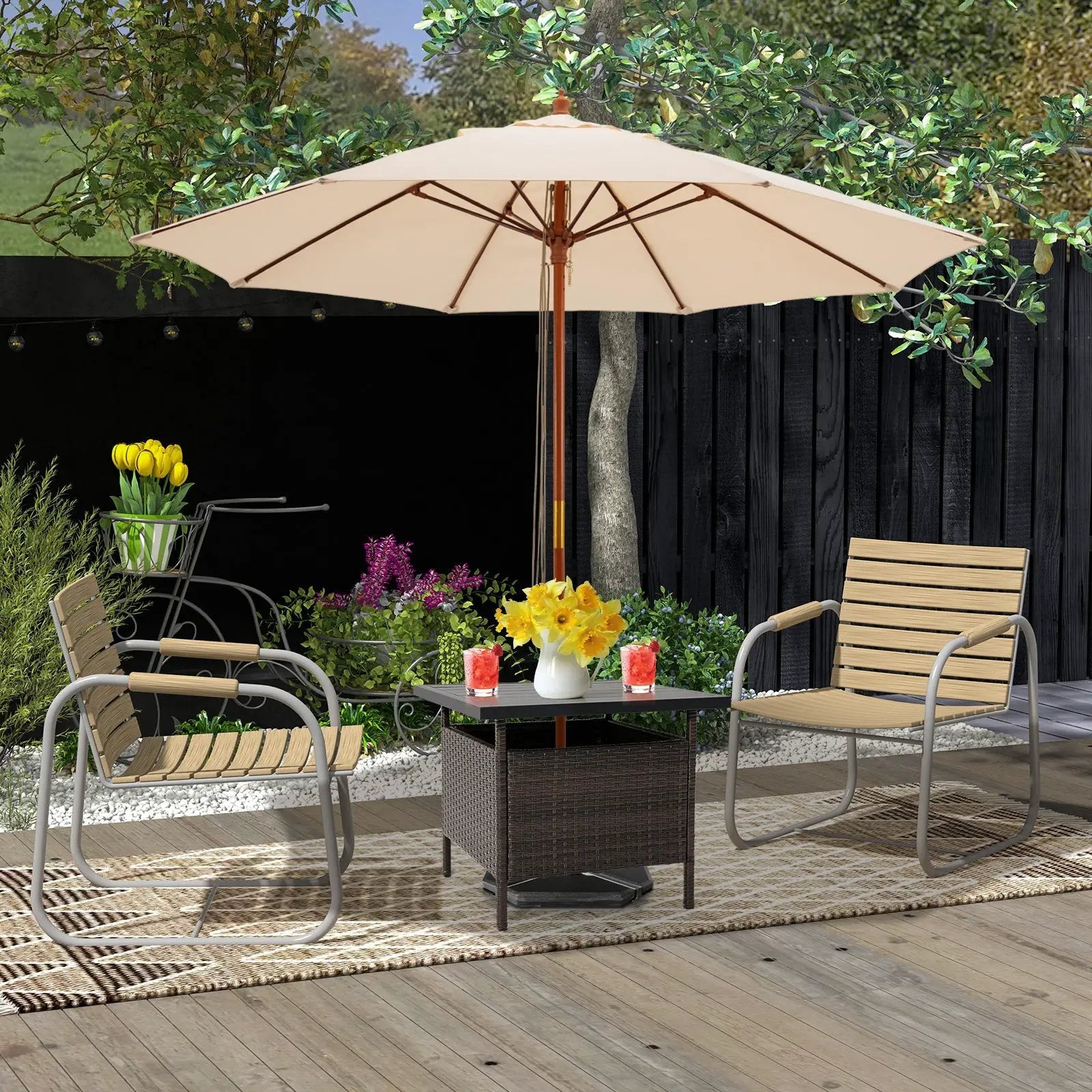 Patio Square Wicker Side Table with Umbrella Hole for Yard Garden Pool