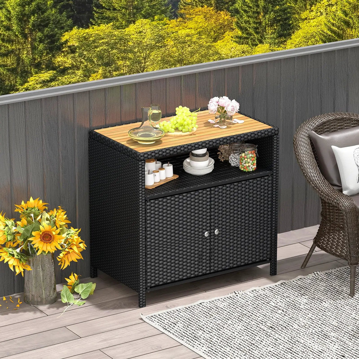 Rattan Storage Cabinet with Acacia Wood Countertop for Poolside Deck and Patio by DirectDeals