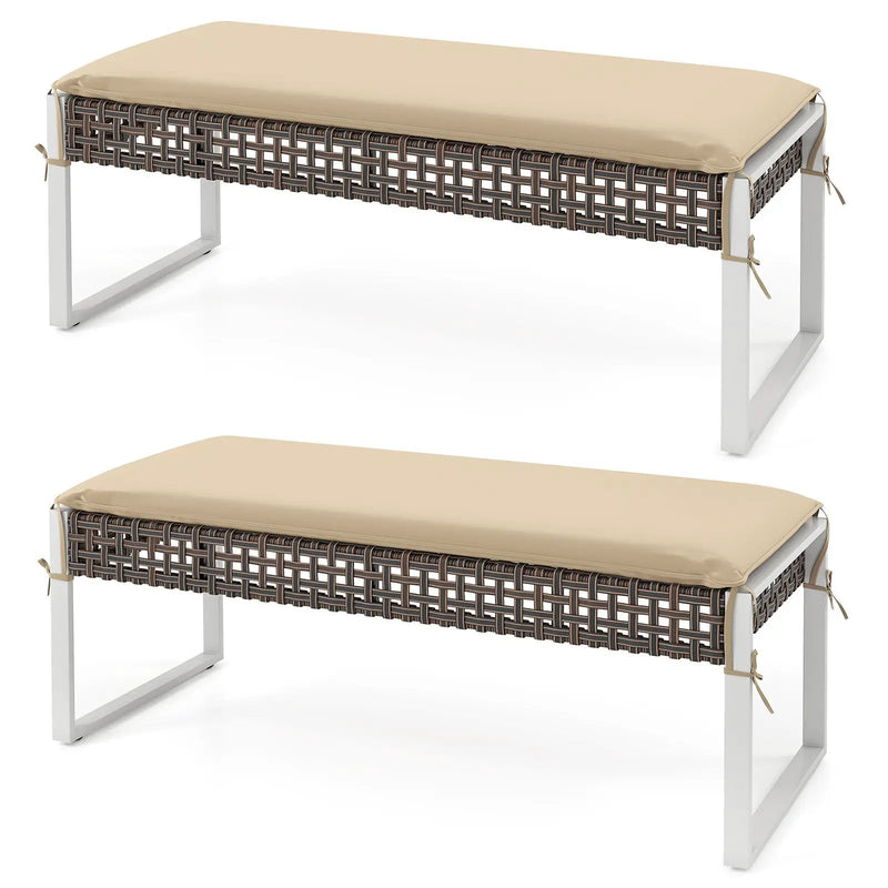 43 Inch Patio Rectangle Ottoman Pack of 2 with Metal Legs and Seat Cushion-Beige by DirectDeals