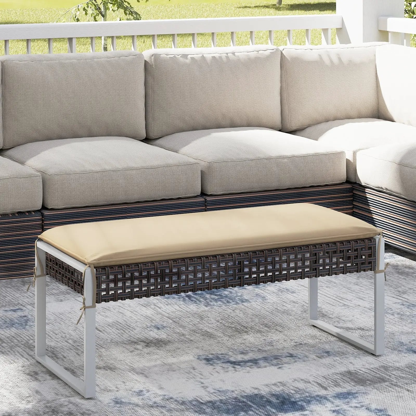 43 Inch Patio Rectangle Ottoman Pack of 2 with Metal Legs and Seat Cushion-Beige by DirectDeals