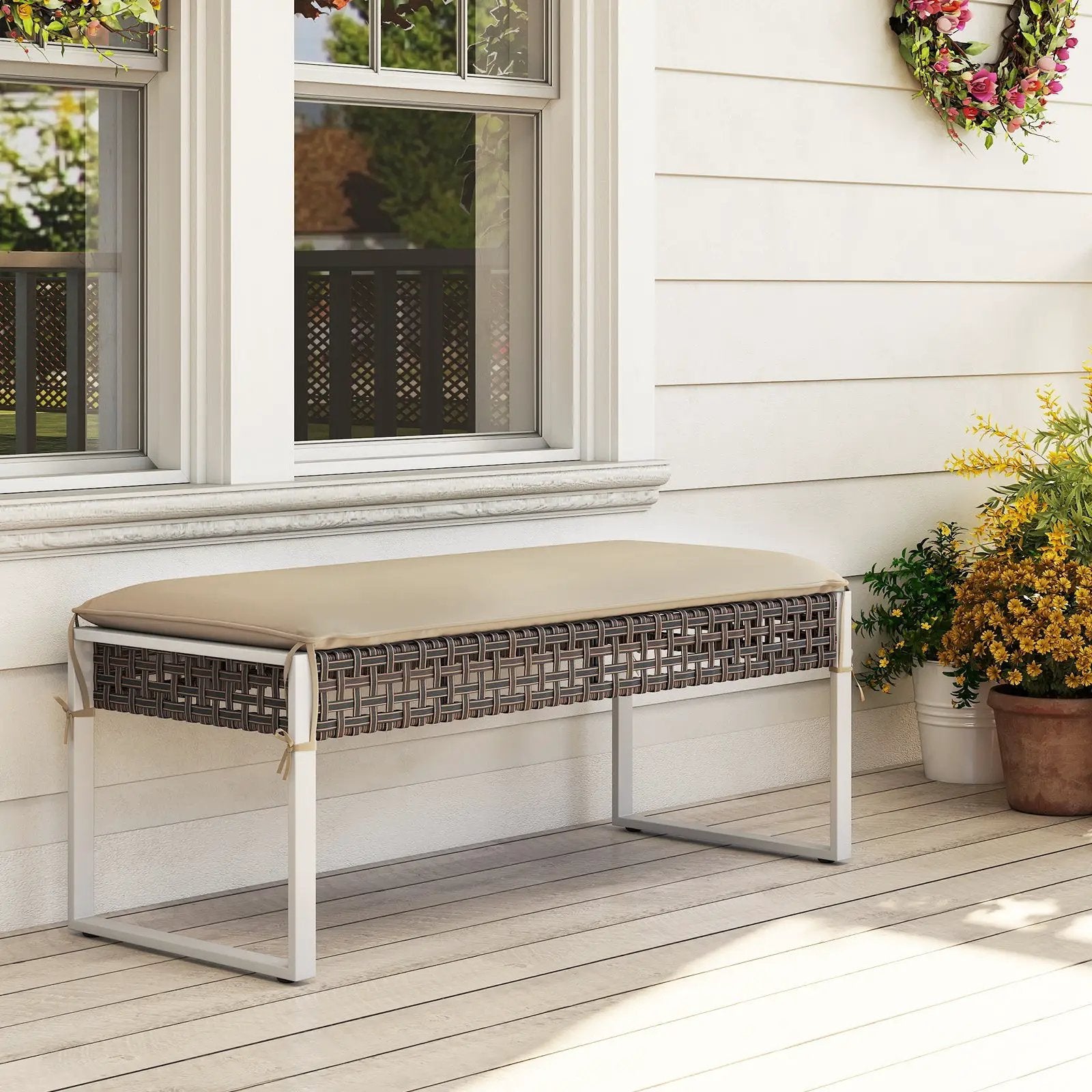 43 Inch Patio Rectangle Ottoman Pack of 2 with Metal Legs and Seat Cushion-Beige by DirectDeals