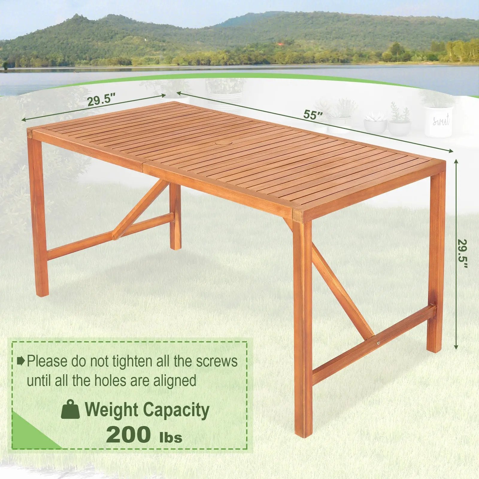 55 Inch Patio Rectangular Acacia Wood Dining Table with Umbrella Hole by DirectDeals