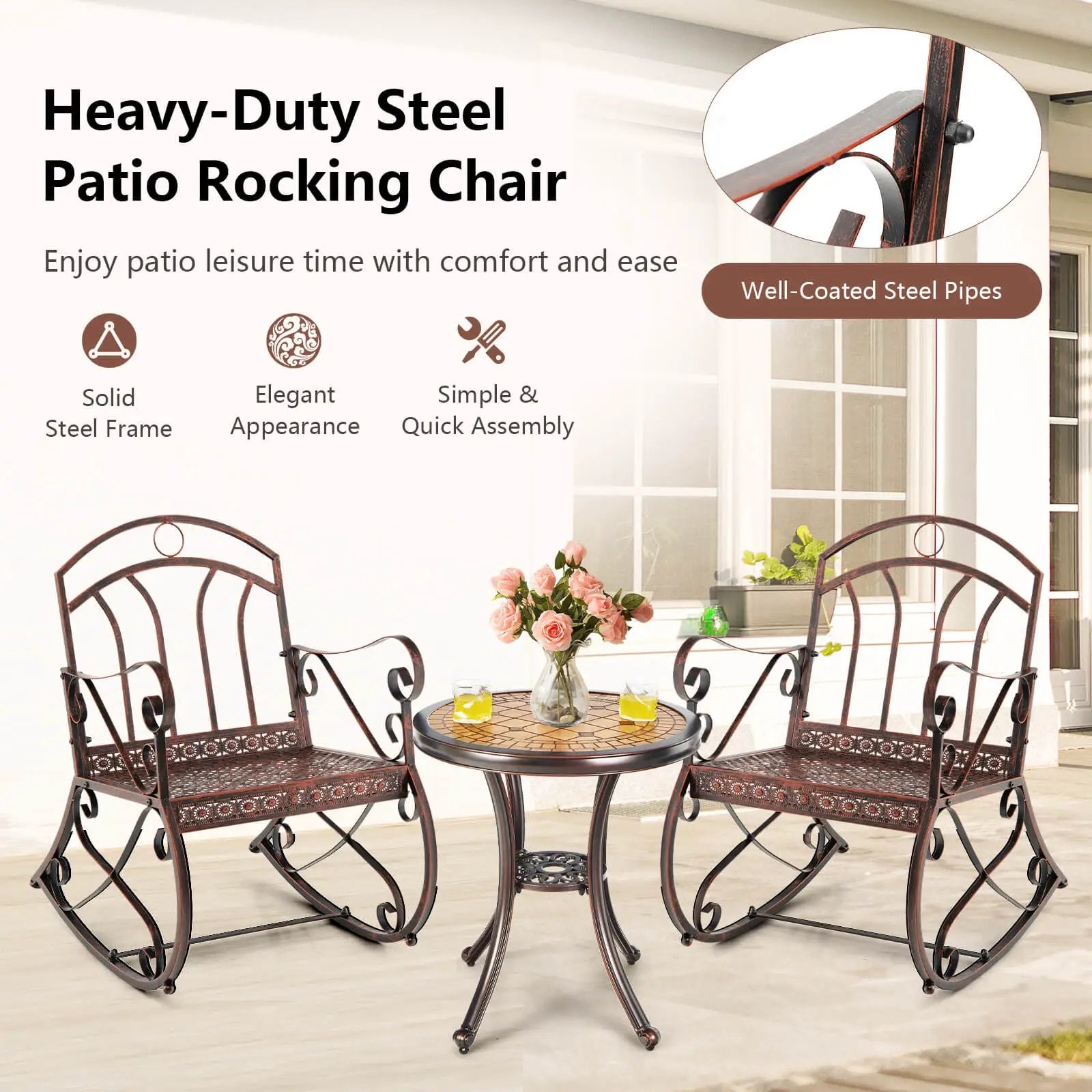 Heavy-Duty Patio Rocking Chair with Ergonomic Backrest and Armrests-Red by DirectDeals