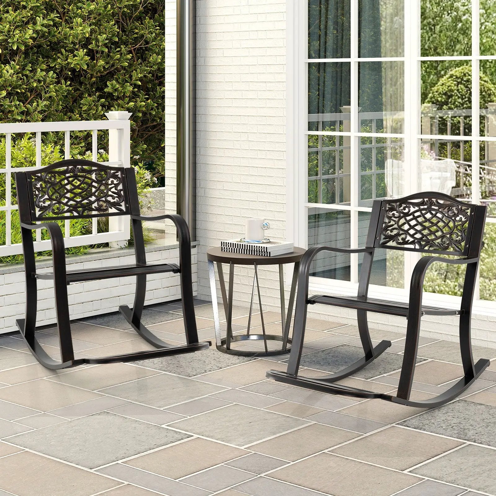 Patio Rocking Chair with Footrest and Curved Armrests-Brown by DirectDeals