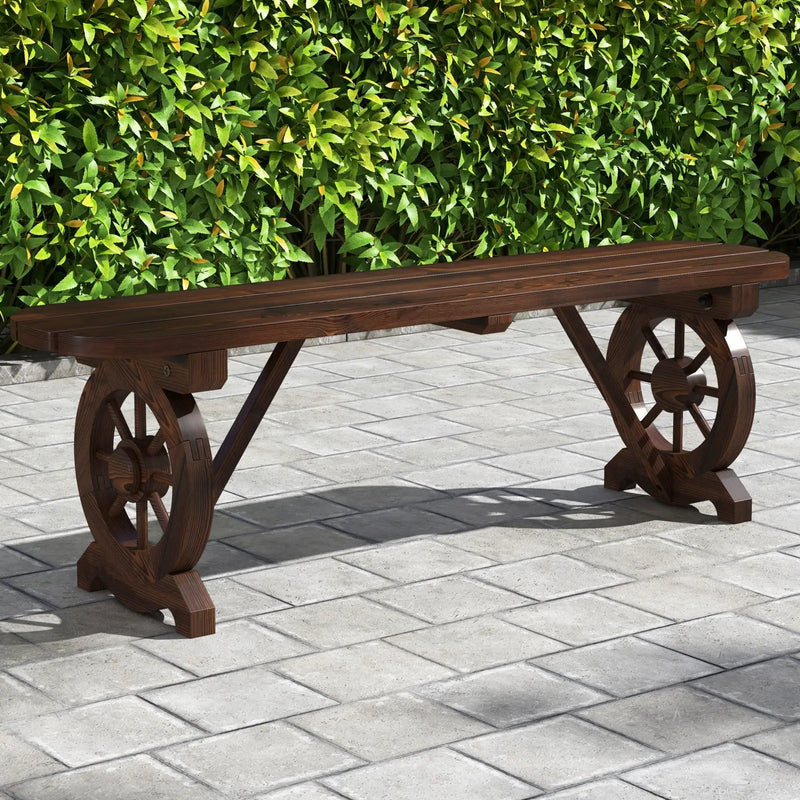 Patio Rustic Wood Bench with Wagon Wheel Base by DirectDeals