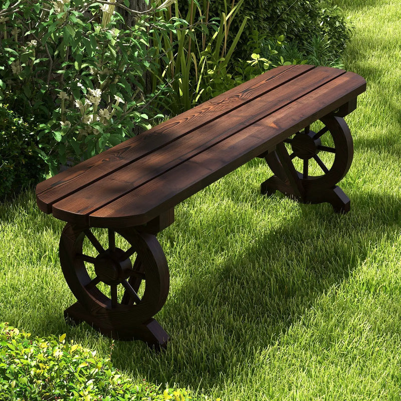 Patio Rustic Wood Bench with Wagon Wheel Base by DirectDeals