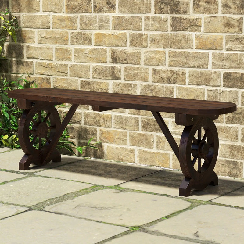 Patio Rustic Wood Bench with Wagon Wheel Base by DirectDeals