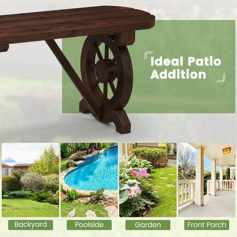 Patio Rustic Wood Bench with Wagon Wheel Base by DirectDeals